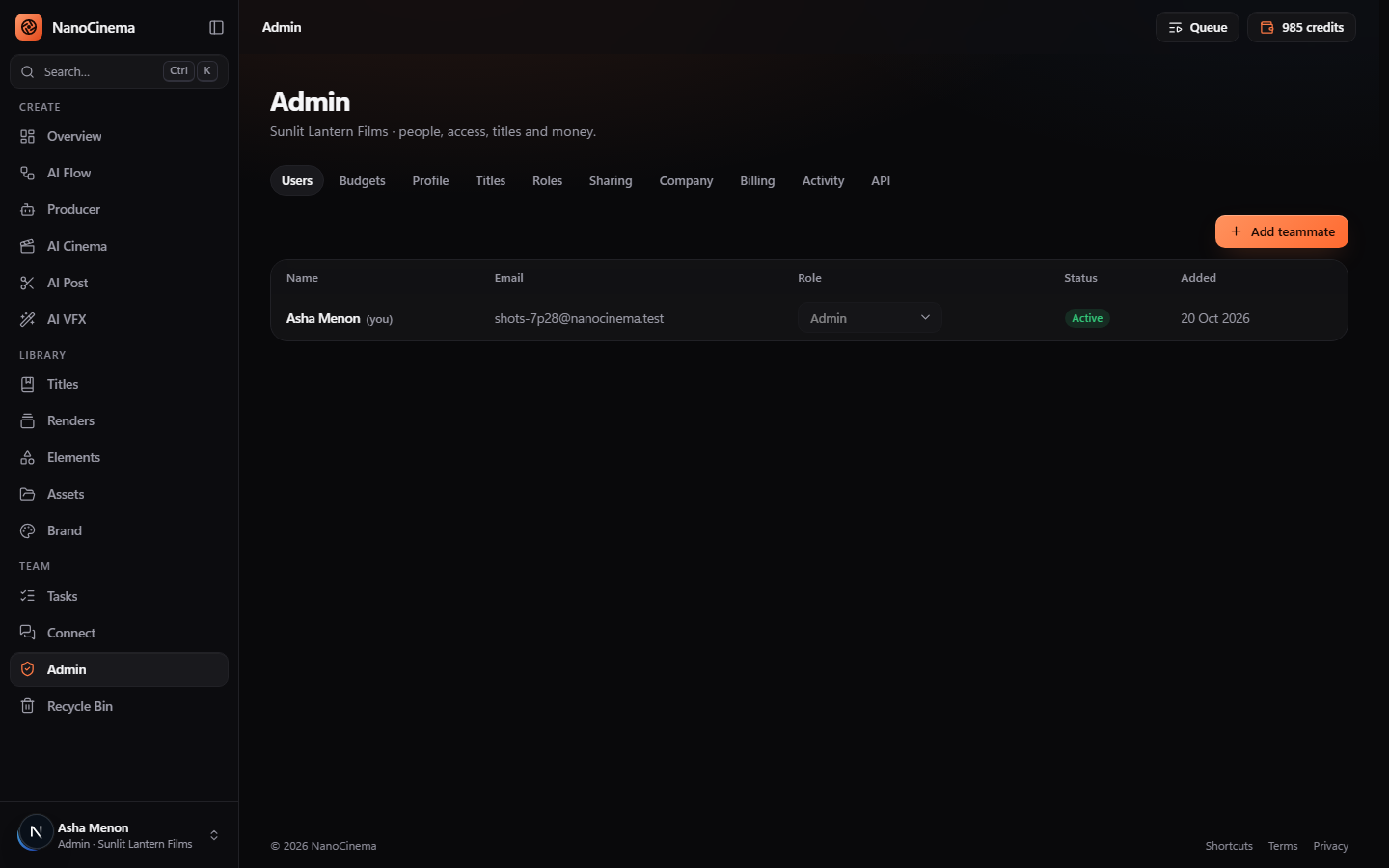 Admin: users, roles, titles, budgets, billing and the API tab
