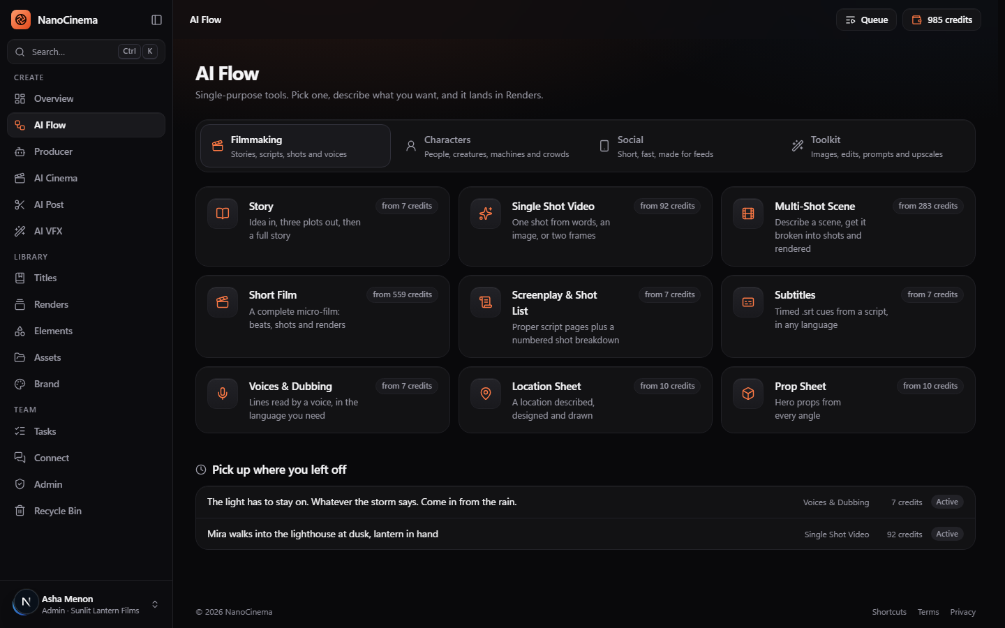 The AI Flow hub: Filmmaking, Characters, Social and Toolkit tools, each with its starting price