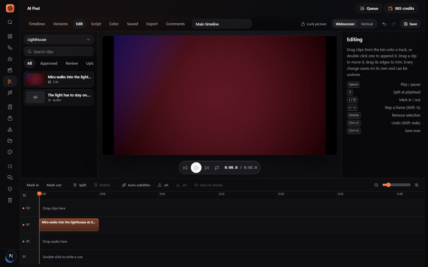 The AI Post timeline: preview, V1 and V2 video tracks, A1 audio and S1 subtitles with keyboard shortcuts
