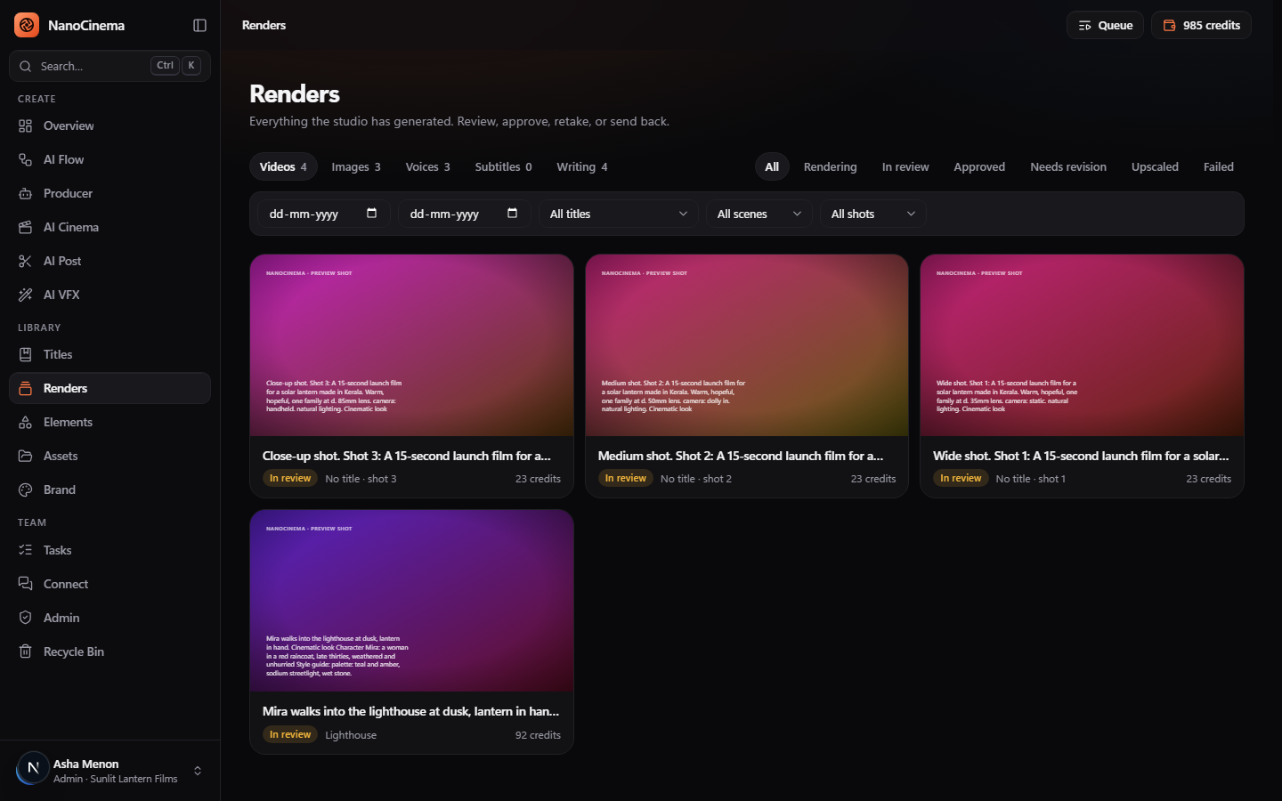 The Renders library with videos, images, voices and writing, filtered by status